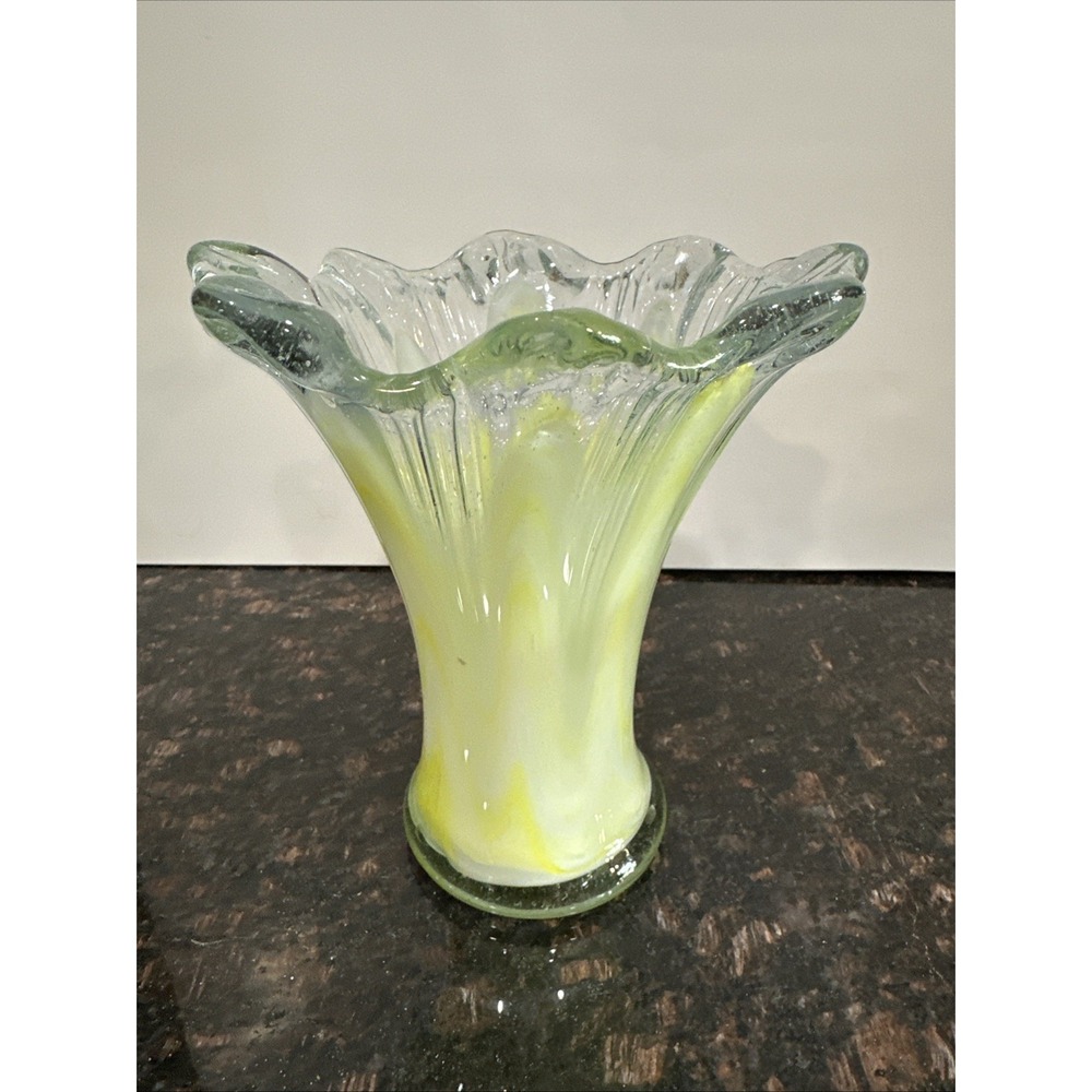 Vintage Murano 6 1/2" Scalloped Handblown Glass Yellow White Vase (1960s)